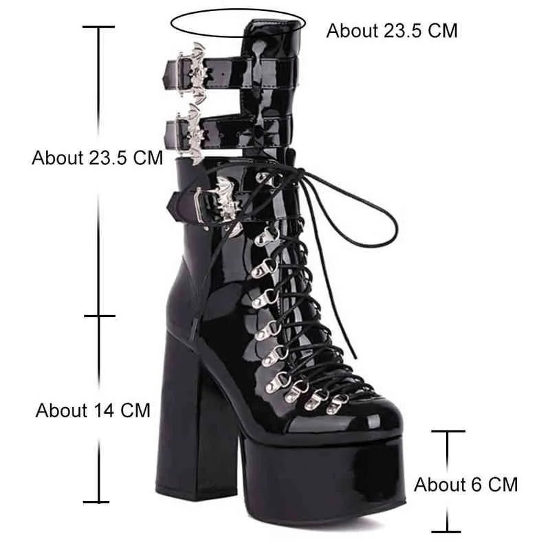 Boot Ribetrini Platform Block High Heels Fashion Women Boots Bat Lace Up Sexy Elegant Autumn Goth Punk for Ladies Shoes 220325