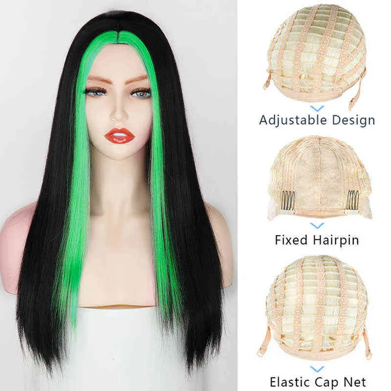 nxyブラックロングストレートウィッグ女性のための緑の髪の中間髪の中間部品耐熱性波状コスプレクールガール220622
