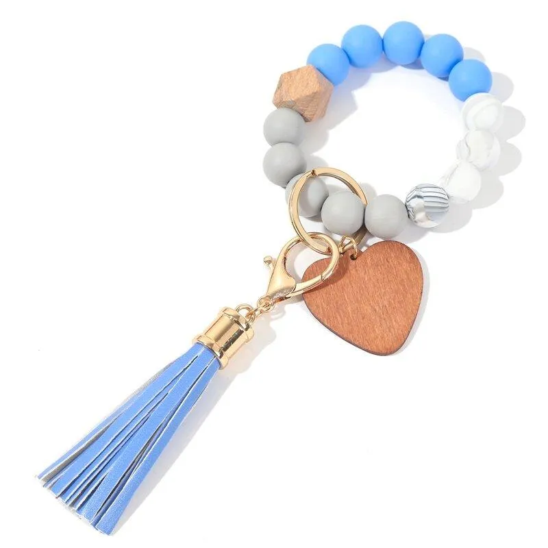 2022 Spot Valentine's Day Love Chip Wood Bead Armband Key Chain Silicone Ring Leather Fringe Programms Act the Roll ofing Saked Bohemian Gift