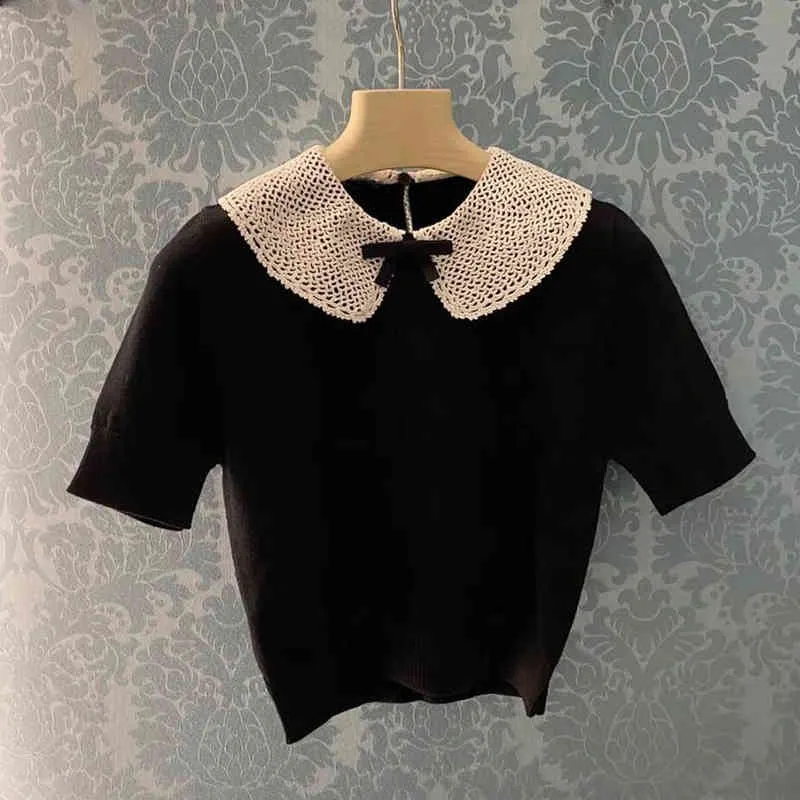 black short sleeved sweater hollowed out flower hook doll collar top slim fitting thin bottomed shirt spring summer