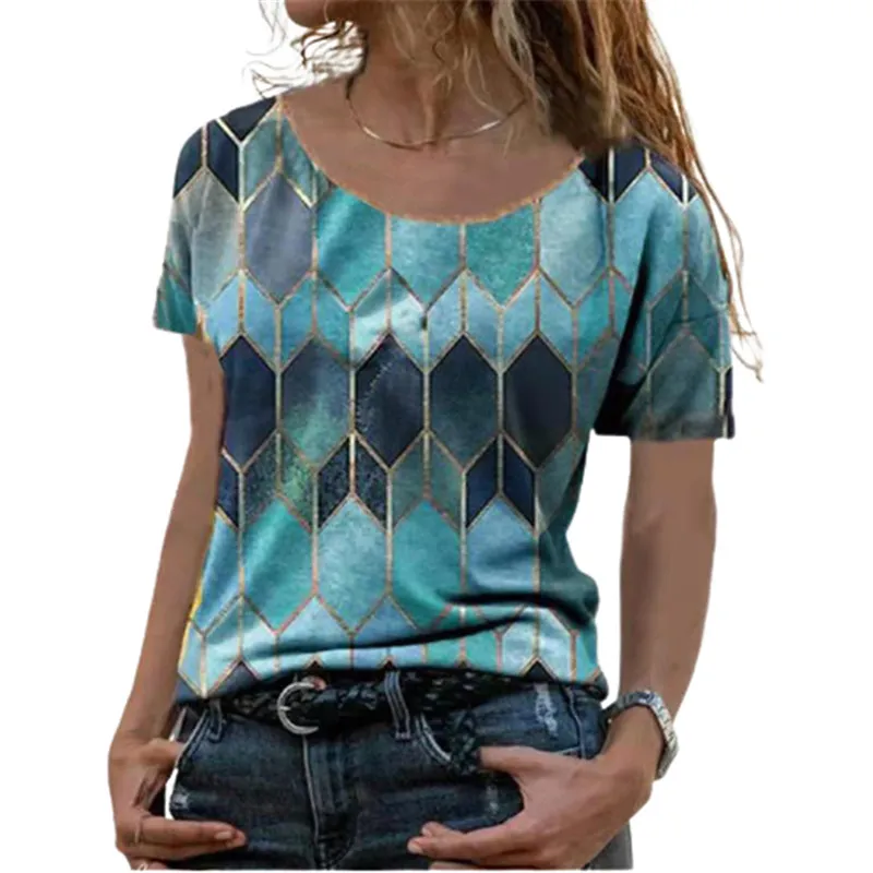 Korte mouw geometrisch patroon dames t -shirt lente zomer tops oneck print casual t -shirt los lange mouw vrouwelijke tee 220527
