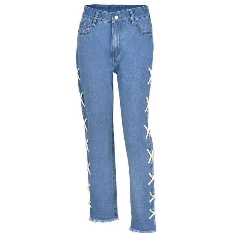 HAOYUAN Sexy Light Blue Side Lace Up Stretch Jeans Streetwear Donna Estetica Pantaloni retrò Gamba dritta Pantaloni a vita media in denim T220728