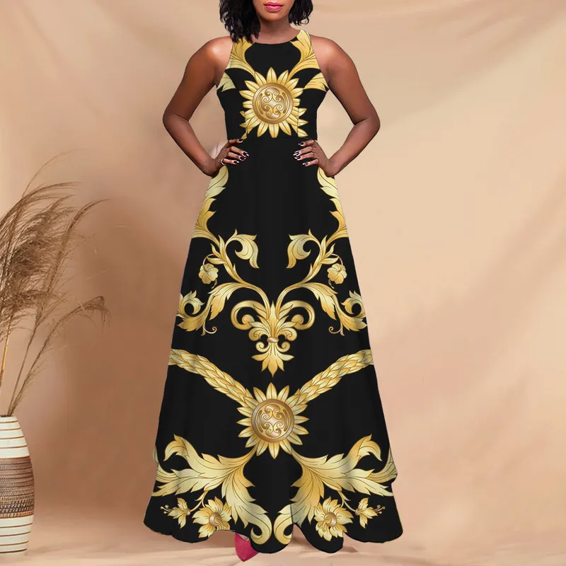 Noisydesigns Long Dresses For Women Party Wedding Evening Vestido De Mujer Racerback Loose Golden Floral Prints Maxi Luxury 220627