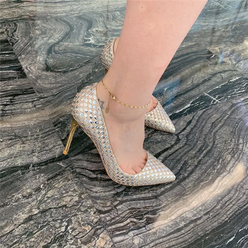 Tikicup Parlak Ekose Chic Kadınlar Stilettos Yüksek Topuklu Bling Parti Elbise Ayakkabı Bayanlar Ponited Toe Pompalar Artı Boyutu 43 44 45 220402