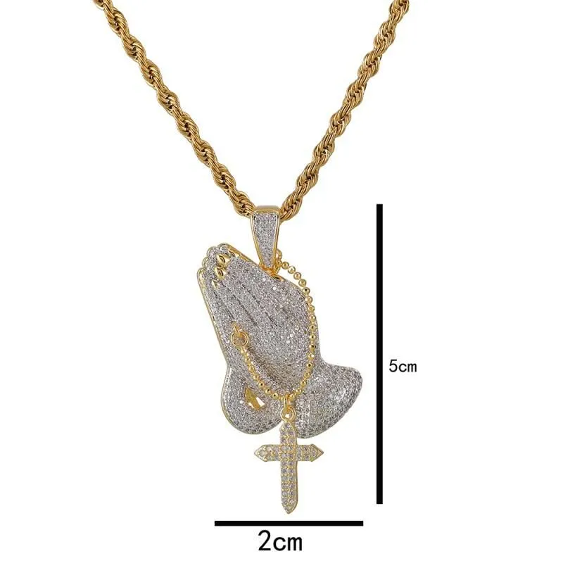 Pendant Necklaces Iced Out Cubic Zircon Praying Hands With Cross Charms Necklace Fashion Luxury Hip Hop Designer Jewelry Elle22255y