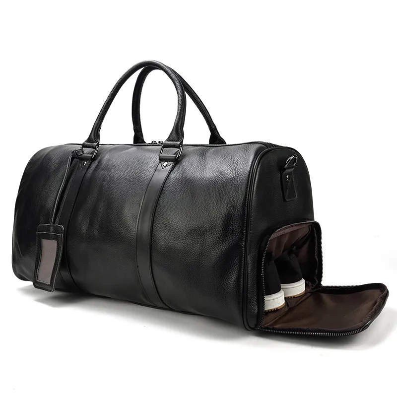 Sac de voyage en cuir pour hommes noir sac de fitness support cylindre sac à main tête sacs de messager en cuir baril duffle menbag