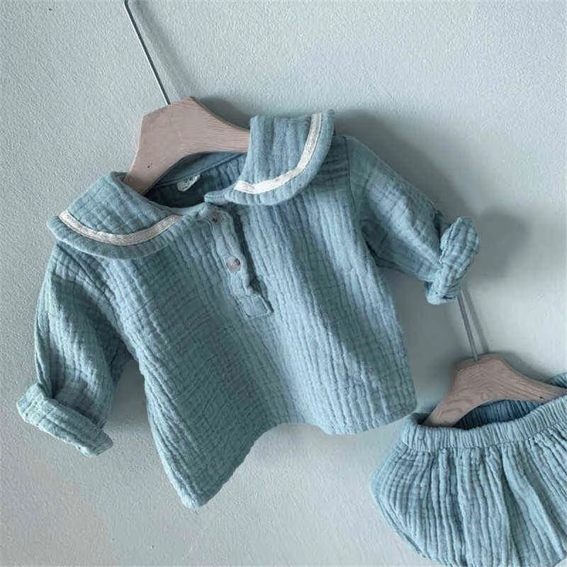 Spring Summer Romper Baby Boy Girl Clothes Set 0-24M Baby Cotton Linen Lapel Navy Style Long Sleeve Shorts Children Sets G220509