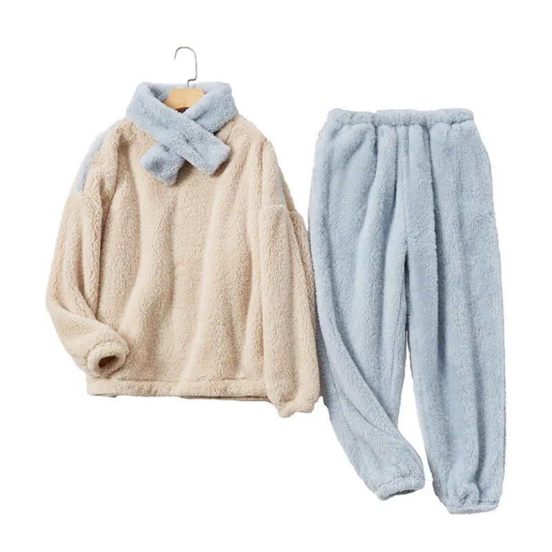 Fleece-Pyjama-Set für Damen, solide Langarm-Winter-Terry-Damen-Pijama-Anzug, 2 Stück mit Hosen, dicke warme Heimkleidung, weiblich 220329