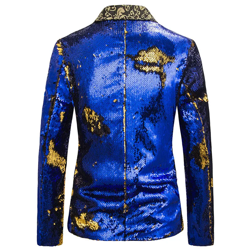 Luxo Royal Blue Sequin Glitter Blazer Jaqueta Homens Flor Lapela 2 Cor Conversão Blazers Mens Nightclub Stage Cantores Custmes 220527