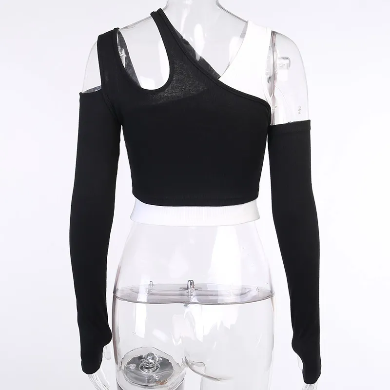 Единас панк мода черные белые лоскутные топы длинные рукава урожая женские хараджуку гранж от плеча bodycon осень 220321