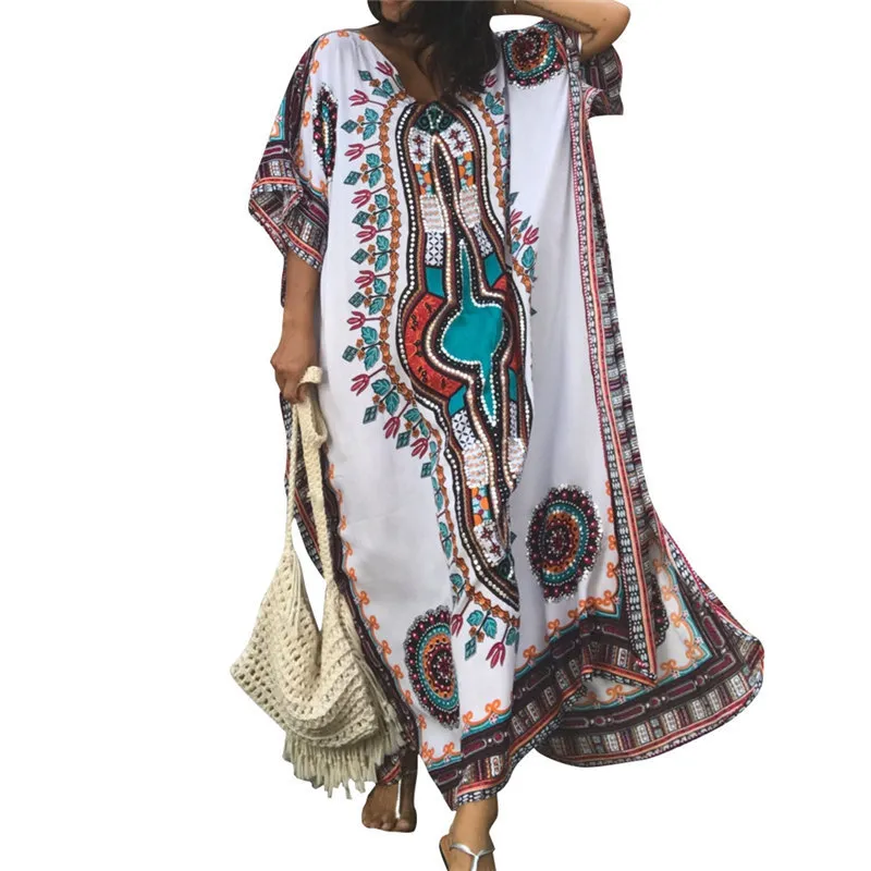 Oversize Indie Folk Printed Caftan Beach Dress Plus Size Side Split Half Sleeve Women Summer Beachwear Long Cotton Robe de plage 220510