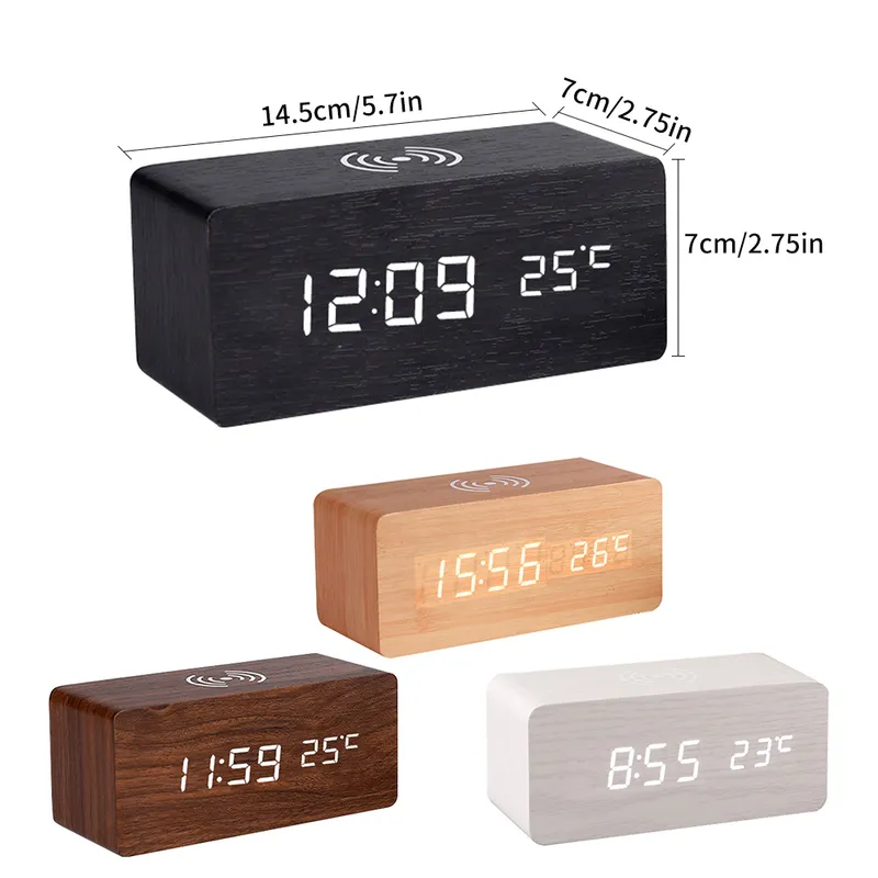 Modern Wooden Wood Digital LED Desk Alarm Clock Thermometer Wireless Charger With Qi Charging Pad 220426