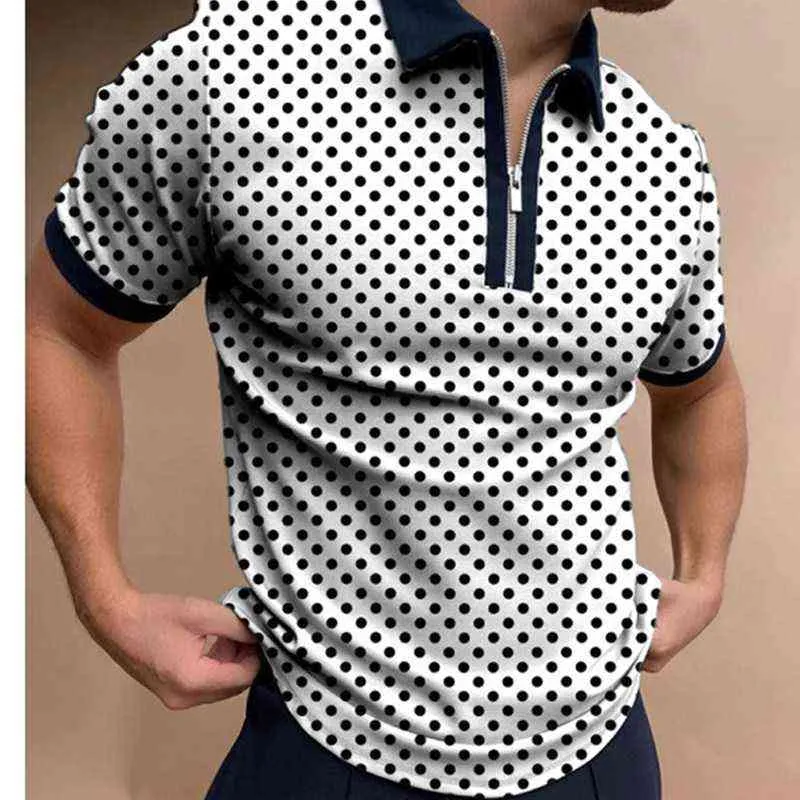2022 夏のメンズカジュアルチェック柄半袖ポロシャツラペルジッパーデザインメンズプリントシャツプルオーバー Tシャツ Y220426