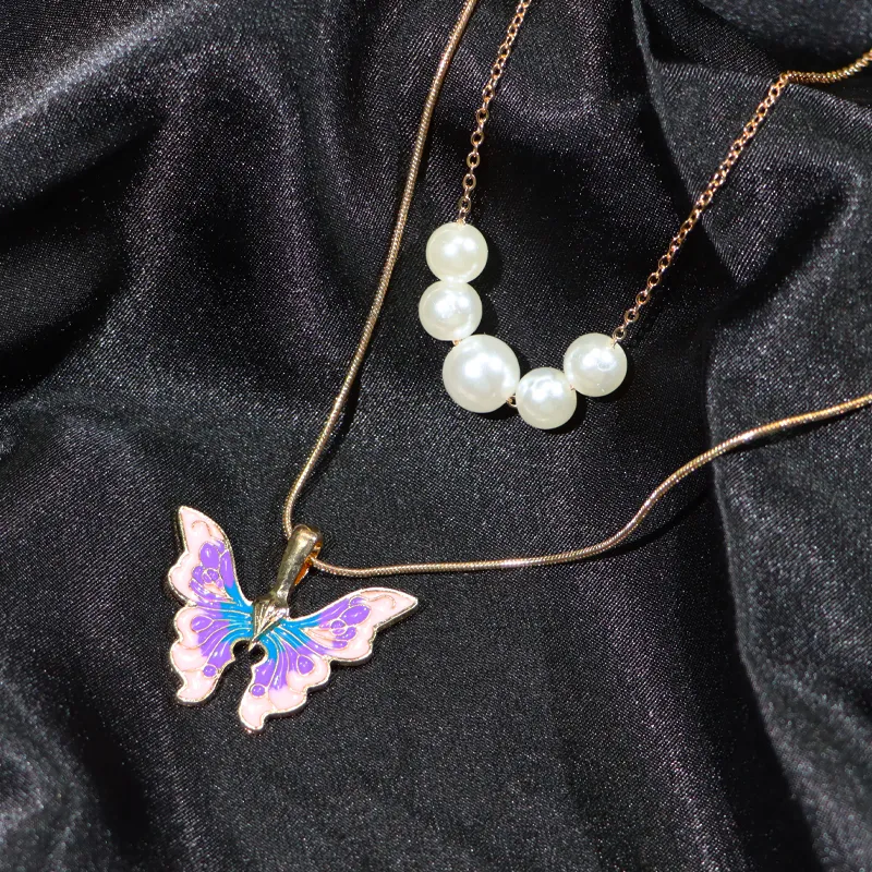 Модные женские ожерелья Thai Pop Butterfly Жемчужная ожерелье Двойной копчик Цепочки для девочек -ювелирных изделий 220727