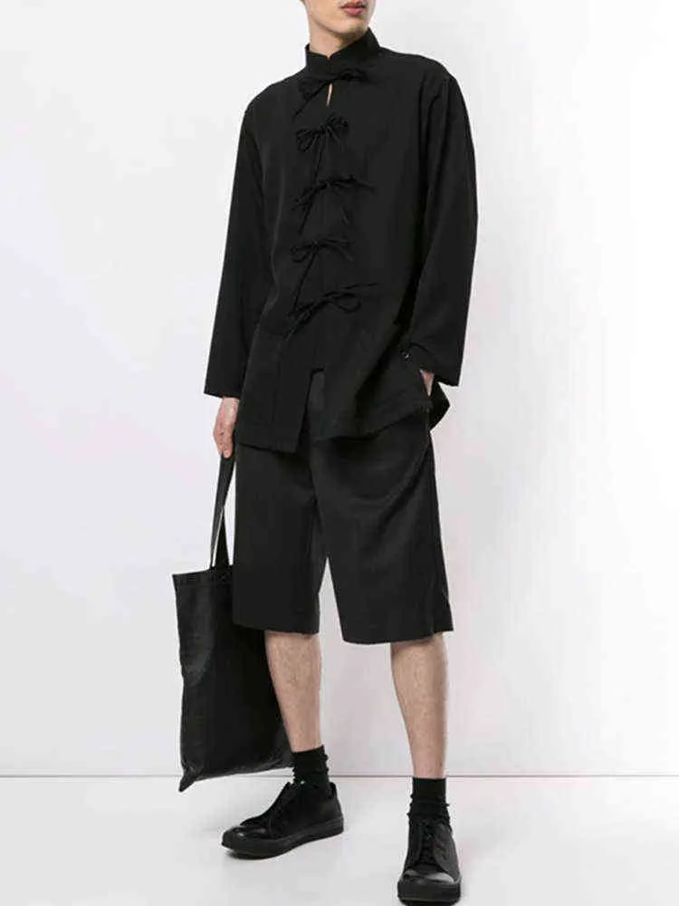Camicia allentata nera da uomo primavera ed estate nuova tendenza personalità cappotto giovanile manica lunga colletto alla coreana camicia casual L220704