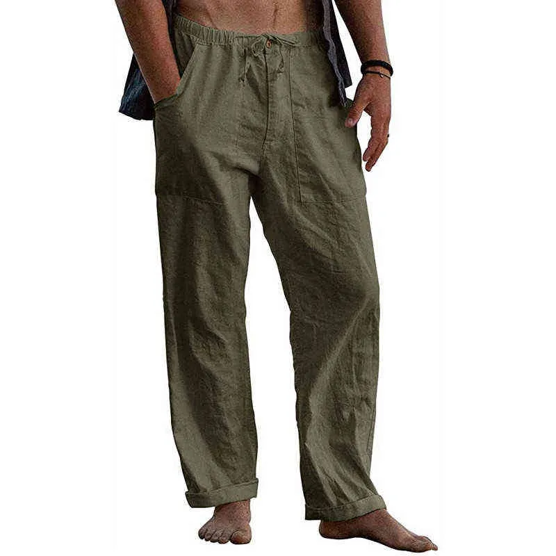 Pantalones de playa de lino para hombres Pantalones sueltos casuales Hombre Verano Tamaño grande Transpirable Color Sólido Pantalones Deportes Fitness Streetwear J220629