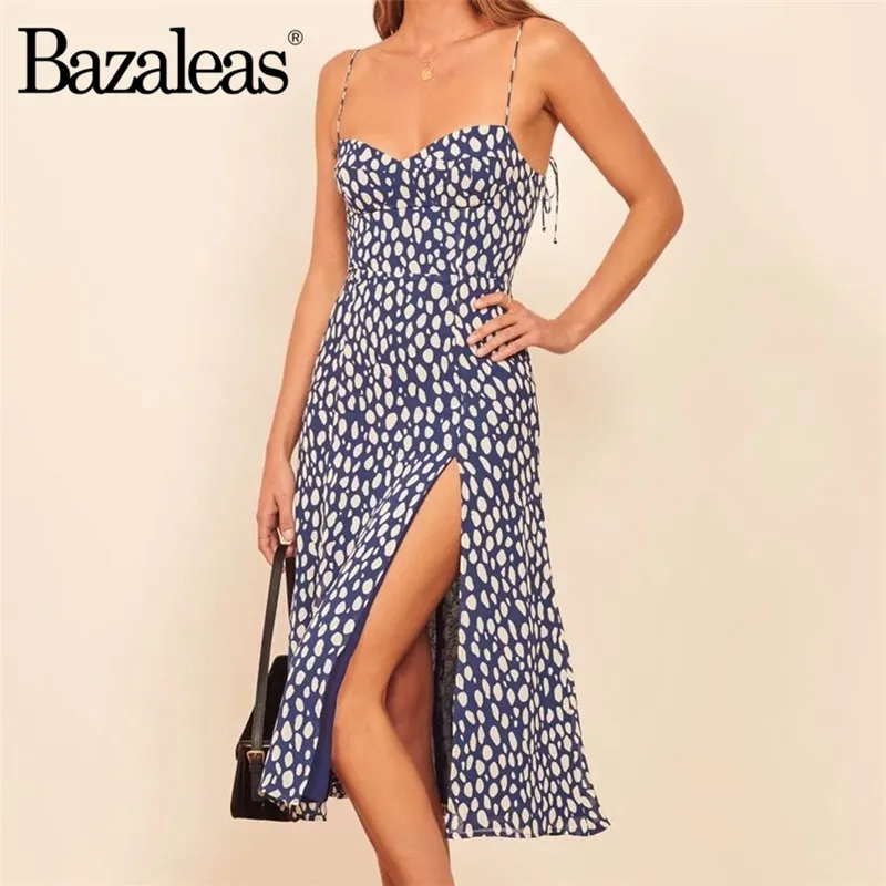 BAZALEAS ELEGANT JUSTERA SPAGHETTI REMS Vestido Blue Leopard Print Women Midi Dress Vintage Elastic Bust Side Split 220611