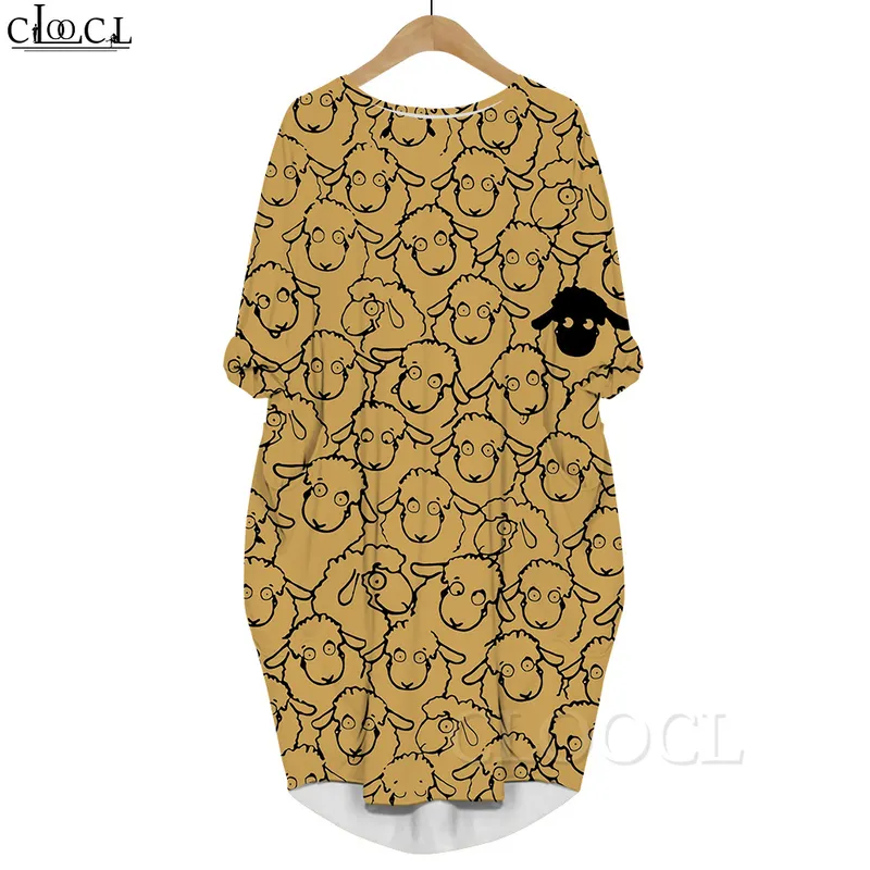 여자 만화 양 3d 프린트 드레스 긴 소매 가운 주머니 주머니 둥근 목걸이 느슨한 드레스 플러스 크기 드레스 갈색 드레스 220616