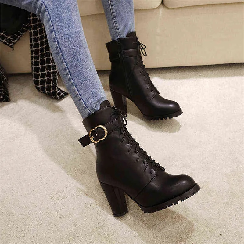 Stiefel Schnürstiefeletten Damen Kurze Schuhe Mode Schnalle High Heels Gelb Schwarz Herbst Winterstiefel Große Größe 45 220805