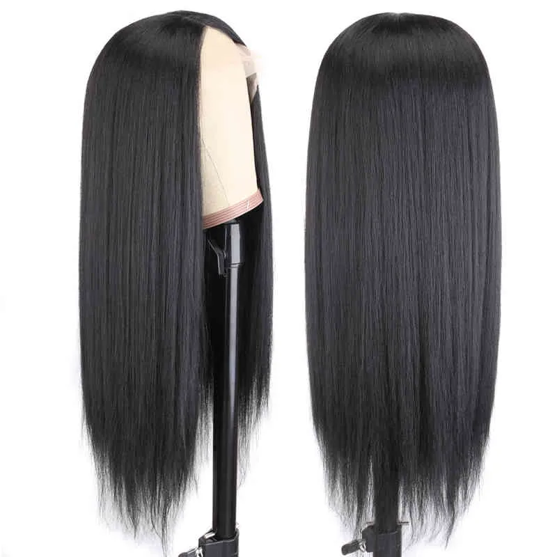 Yaki Front – perruque synthétique noire naturelle, cheveux longs et lisses, crépus, Lace Frontal, pour femmes