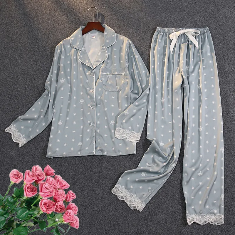 Ice Silk Pyjama Sets Dames Printing Pyjama Lange Mouwen Button Herfst Winter Home Suits Revers Sexy Linger Kant Pijama 2pack 220329