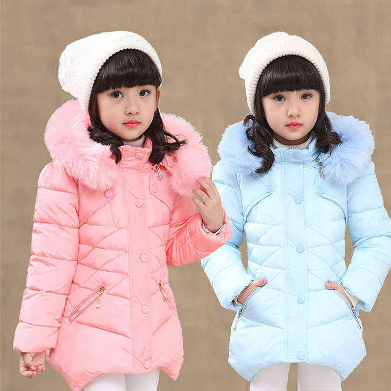女の子のための暖かいパディングジャケットの長い冬のための暖かいパディングジャケットファーキャップの子供たちのアウターウェアジャケット4 6 8 10年j220718