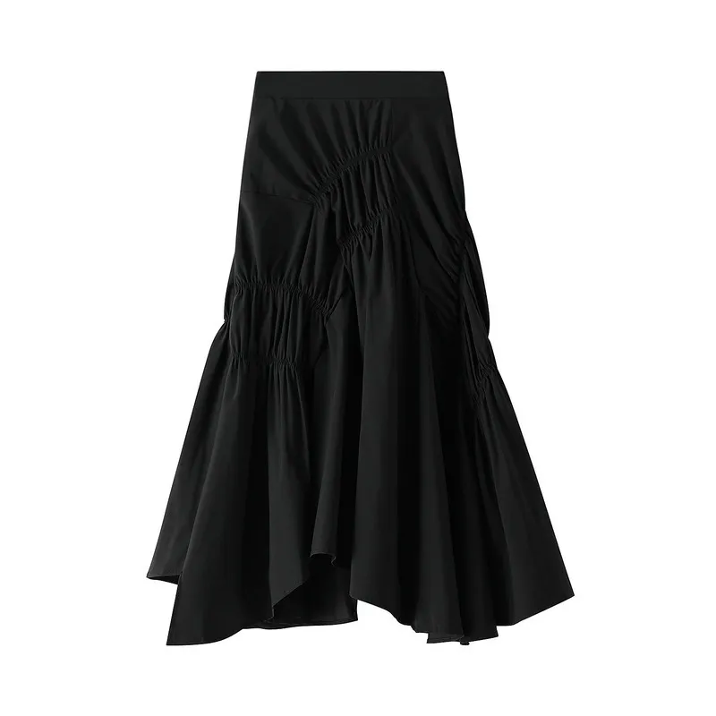 Jupe mi-longue plissée élégante pour femmes dames décontracté taille haute couleur unie asymétrique noir jupes trapèze printemps Saias SK505 220322