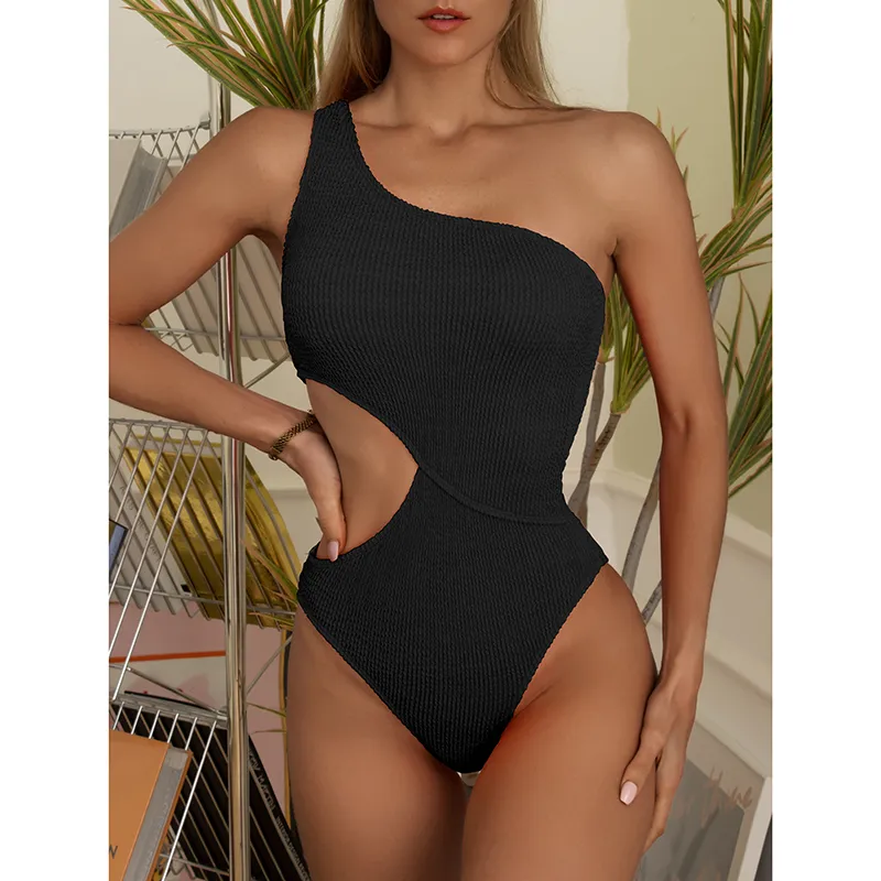 Riseado One Shoulder Women's Swimsuit Cut Out Sexy Swimwear Women Textured Monokini Solid Bathing Suit Beach Wear 220509
