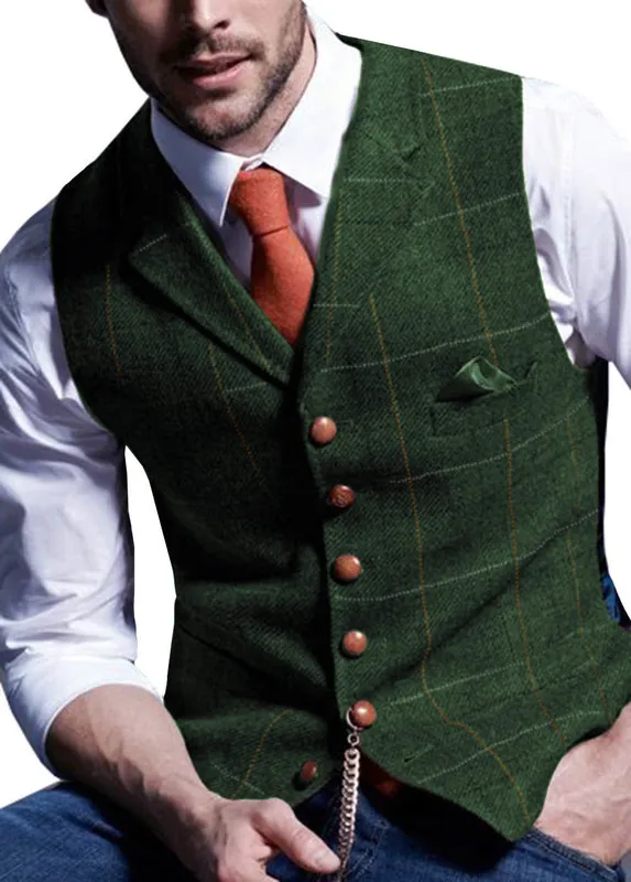 Mens Suit Vest Notched Plaid Wool Herringbone Tweed Waistcoat Casual Formal Business Groomman For Wedding Green/Black/Green/Grey 220725