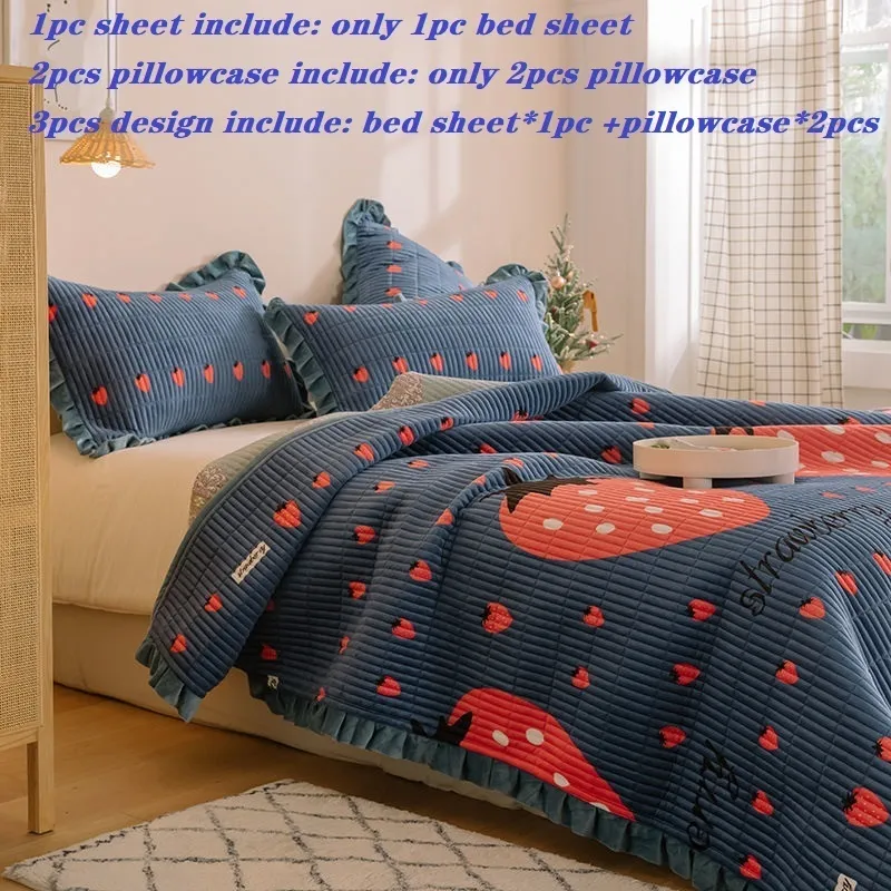 Samt gesteppt Bettdecke niedlichen Druck Bettbezug Winter Flanell Bettblatt Königin King Size Rüschen Rand Bett Blatt Sofa Handtuch CX220331