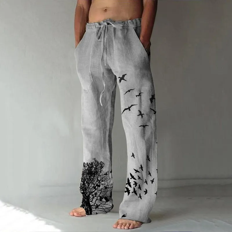 Summer Vintage Mens Cotton Linen Oversized Jogger Trousers Hip Hop Avatar Print Male Plus Size Loose Wide Leg Pants Men 220704