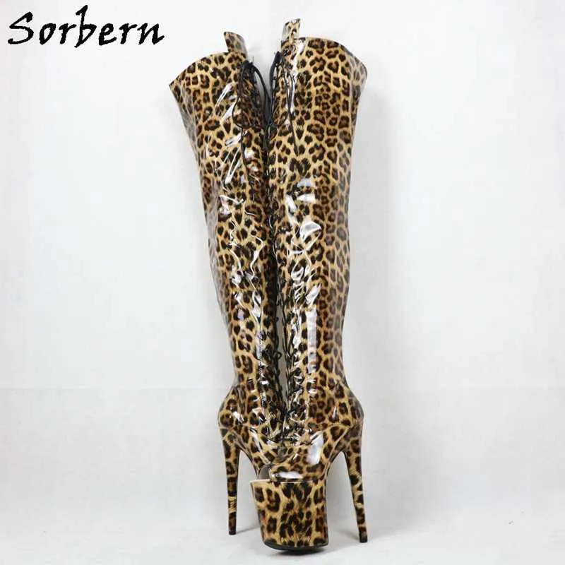 Sorbern – bottes léopard mi-cuisses pour femmes, chaussures de danse sur poteau pour danseuse exotique, bottes à talons hauts de 8 pouces, bout ouvert, personnalisées