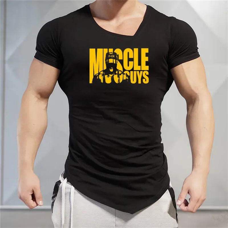 Muscleguys Brand Letters Print Mens Tshirts Fitness Gyms Clothing Workout v Neck Tshirt Cotton Bodybuilding T Shirt Men 220621