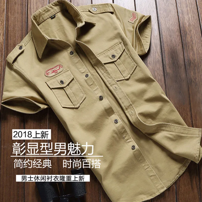 Military Shirt Men Tactics Short sleeve Summer Tops Solid color High quality 100% Cotton Pocket 5XL Plus size Man Clothes 220718310I