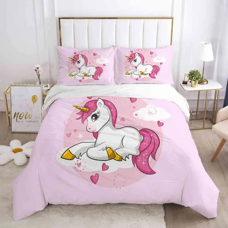 New Pink Background Unicorn Down Bedding Set Children's Cartoon Pillowcase Home Textile