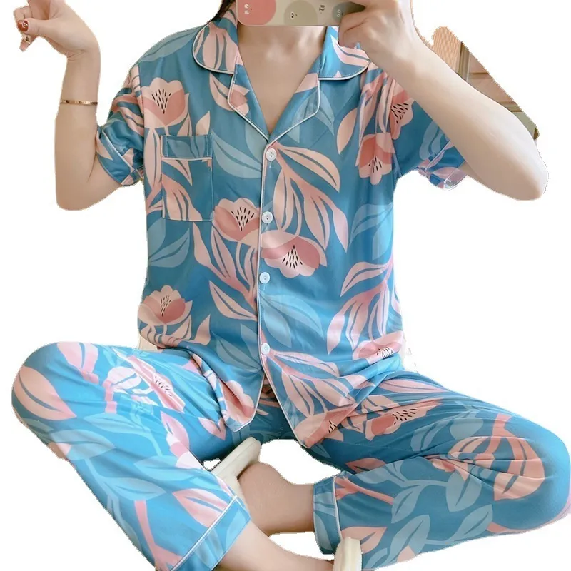 Försäljning Kvinnor Hem Slitage Vår Sommar Kortärmad Pyjamas Set Long Pant Pyjamas S bomull Fritid Sleepwear 220329
