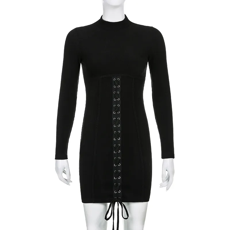 Heyoungirl завязывать повязку черное ведро платье осень базовый длинный рукав вязаные мини платья дамы тощая повседневная зимняя мода 220402