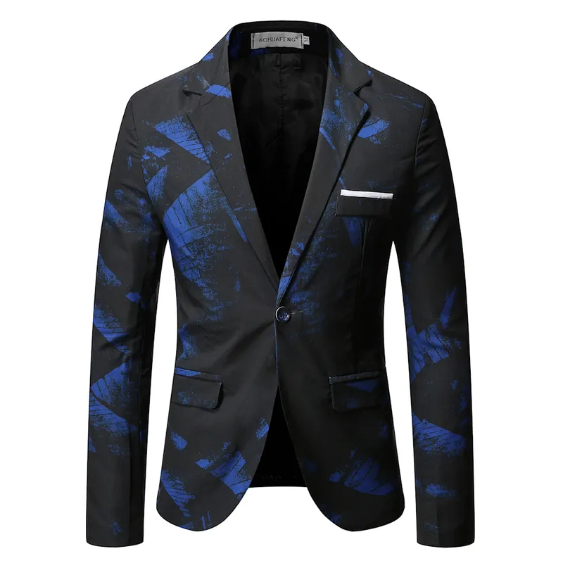 Gentleman Blazers Men Blue Patterning Printed Suit Jacket Casual Coat Prom Singer Concert Stage Costume Winter Size S-5XL 220801