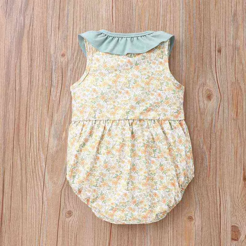 Baby Girl Clothes Sets Sweet Floral Print Turn-down Collar Sleeveless Baby Bodysuit+bow Headband Baby Girl Romper 0-18M G220510