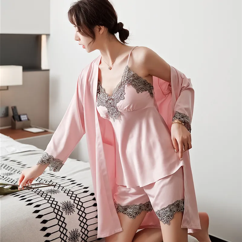Silk Robe Sleep Suit Womens Lace Cetim Pijama Vestido Set V-Neck Cami Nighties Wear Pijama Home Nightwear Primavera Nightdress 220321