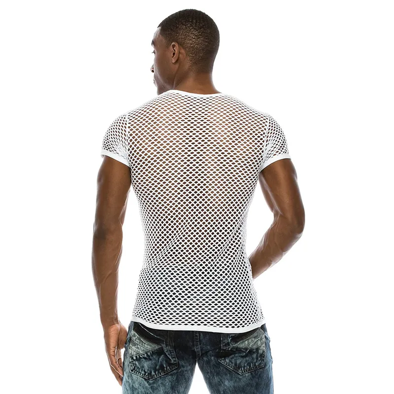 남성 메시 Seethrough 낚시 넷 티셔츠 패션 섹시한 짧은 슬리브 Niglub Wear Tshirt 남자 파티 공연 스트리트웨어 탑 220607