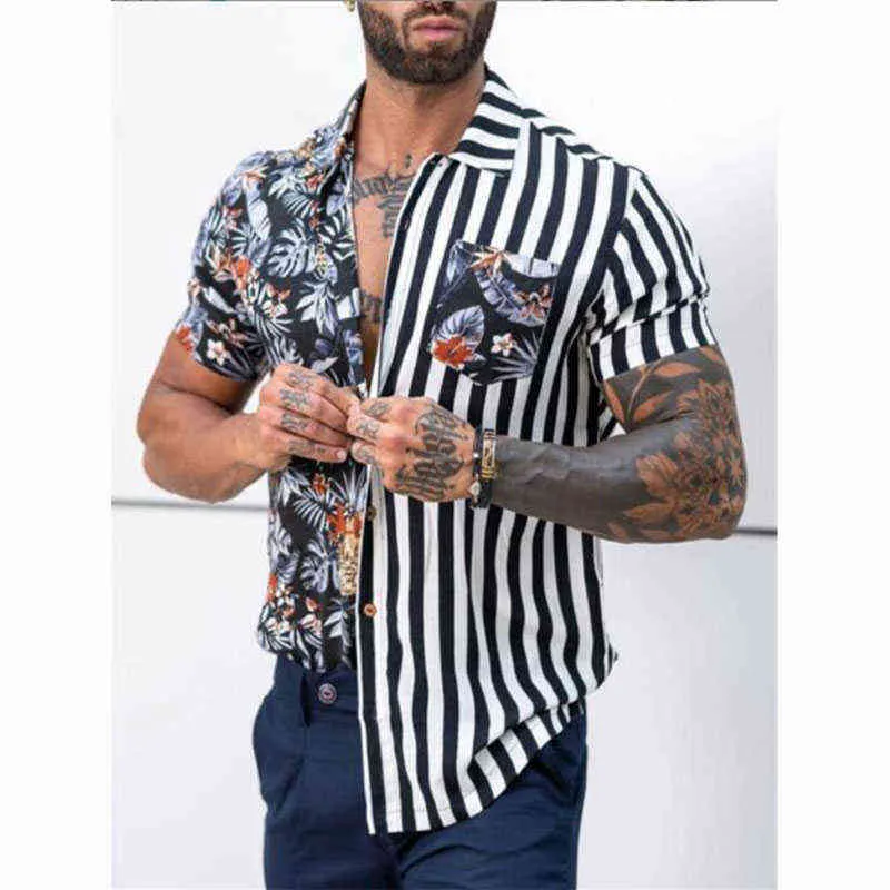 Herrenhemden Sommer Mode Trend Gestreiften Blumenkontrast Spleißen Gedruckt Hawaiianer Strandurlaub Freizeit Kurzarm Hemden Y220420
