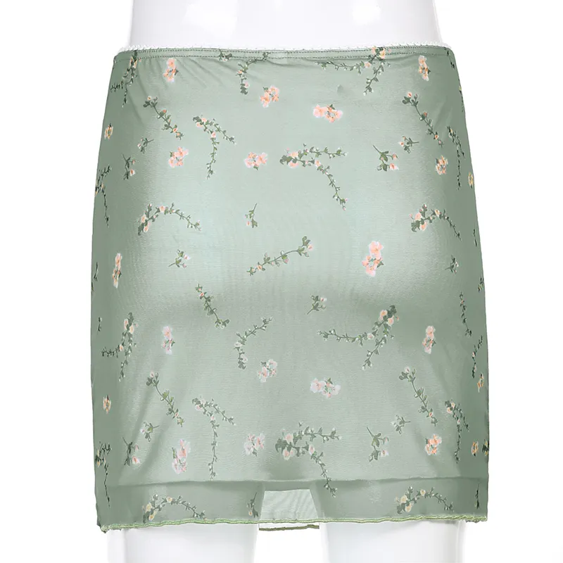 Artsu Green High midje Mesh Mini Kjol Y2K Eesthetics Floral Print Ruffles Summer Bodycon kjol Vintage Outfits SK52131 220521