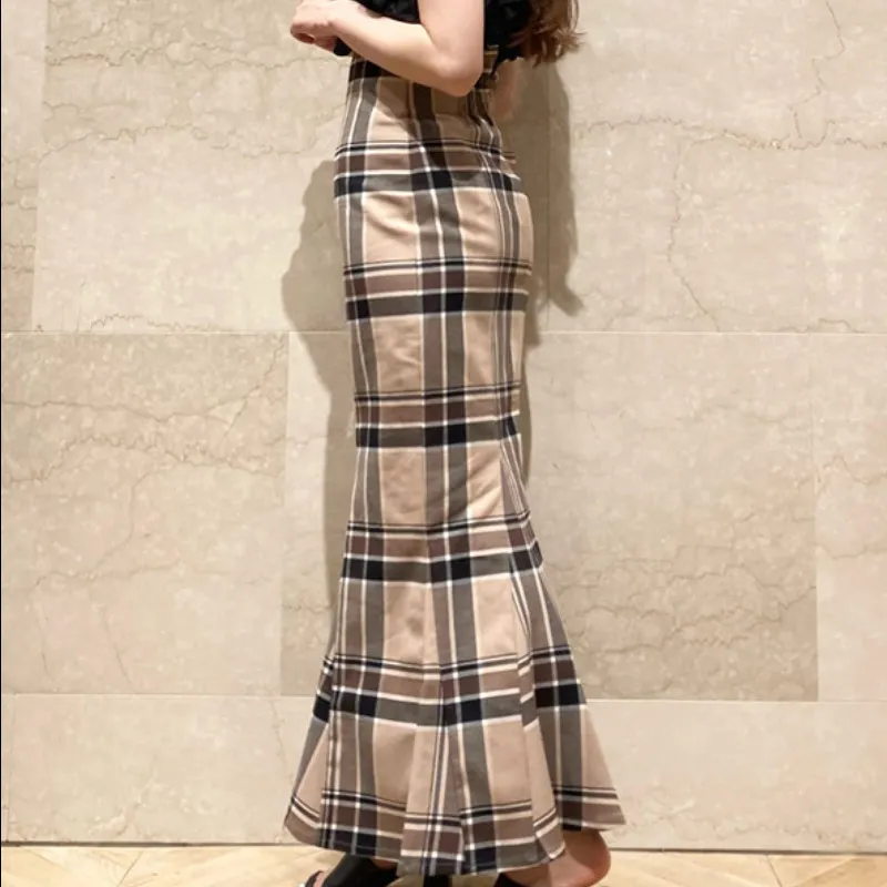 Kuzuwata High cintura xadrez as nádegas lateral split sereia saias de estilo japão temperamento elegante jupe outono mulheres faldas 220401