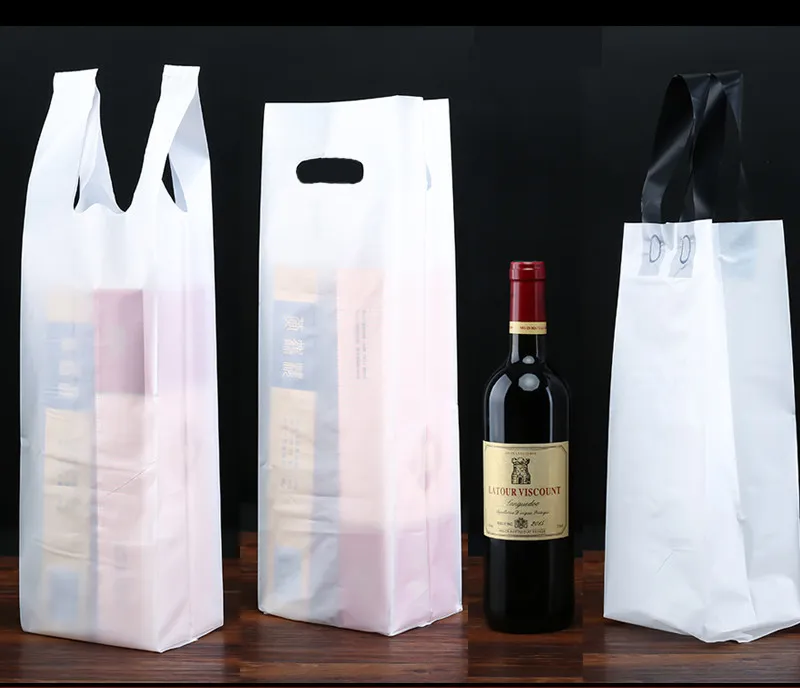 50 Stück Gold Single Double Rotwein Griff Tasche Kunststoff wasserdicht Geschenk Einkaufstasche Bier Getränk Verpackung Box Champagner Flasche Geschenk Tasche 220420