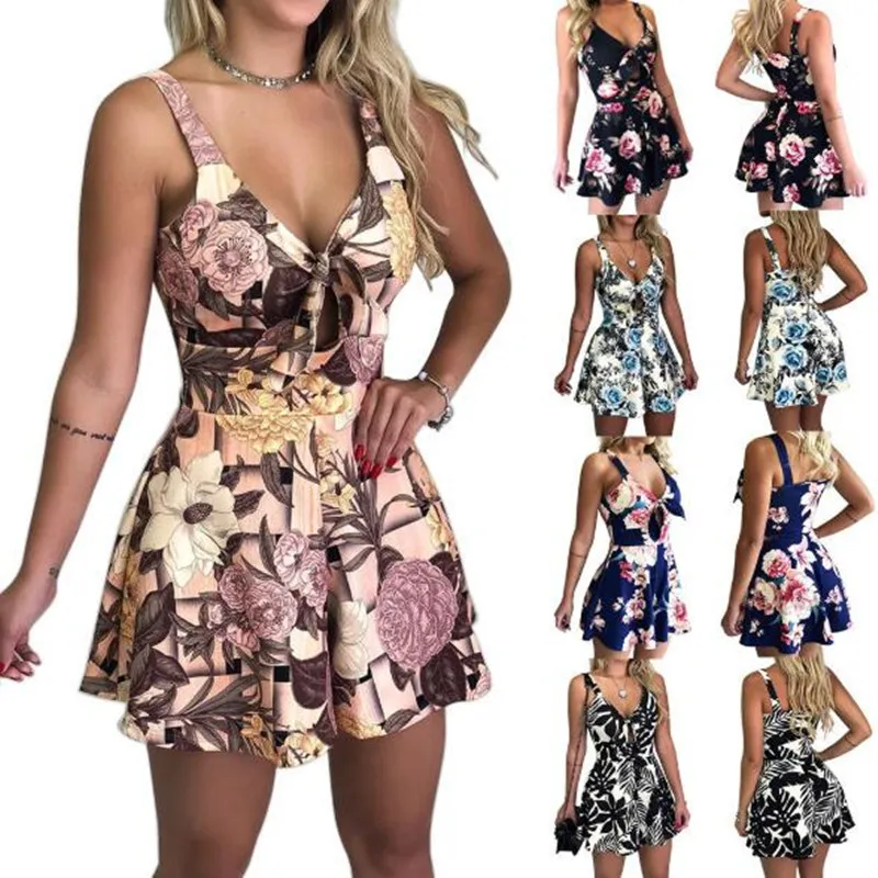 Women's Summer Print Jumpsuit Short Pants Casual Slim Bandage V-Neck Beach Rompers Sleeveless Bodysuit Sexy Playsuit 220513