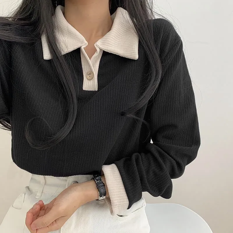 Sweatshirts Women Patchwork Simple Design Turn Down Collar Mujer Spring Stylish Vintage Ulzzang Basic Comfortable Holiday Teens 220815