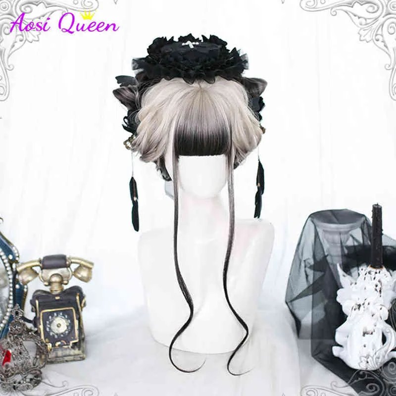 As Long Curly Synthetic Wig with Center Bangs Dark White Gradient Black Natural Hair Female Cosplay Heat-resi 220622