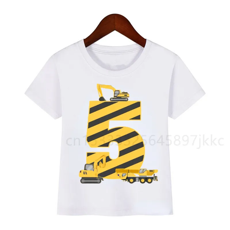 Excavadora de dibujos animados para niños, vehículo de construcción, excavadora, grúa, número de cumpleaños, nombre impreso, camiseta, regalo divertido para niño y niña, camiseta 220620