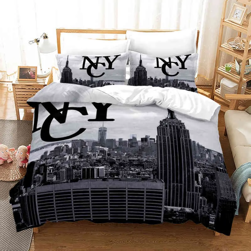 New York City Night View Yatak Seti Kraliçe Kral Boyut Yorgan Kapağı / Yorgan Yastık Kılıfı Yumuşak Ev Tekstil Bedklothes